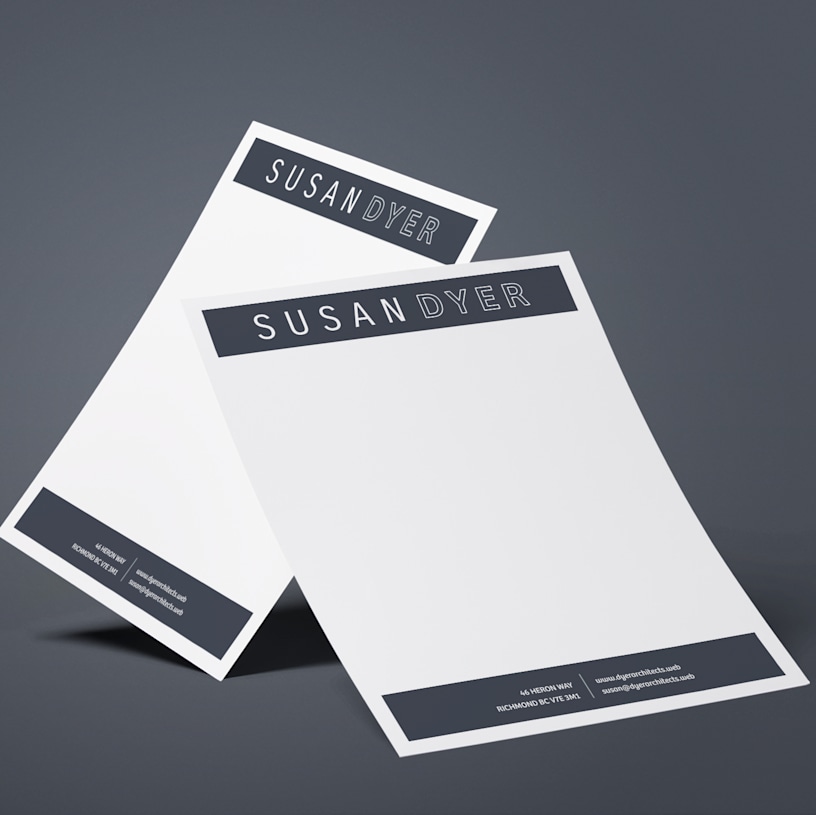 Two letterheaded sheets of paper from an architecture firm, with the company name at the top and contact details at the bottom.