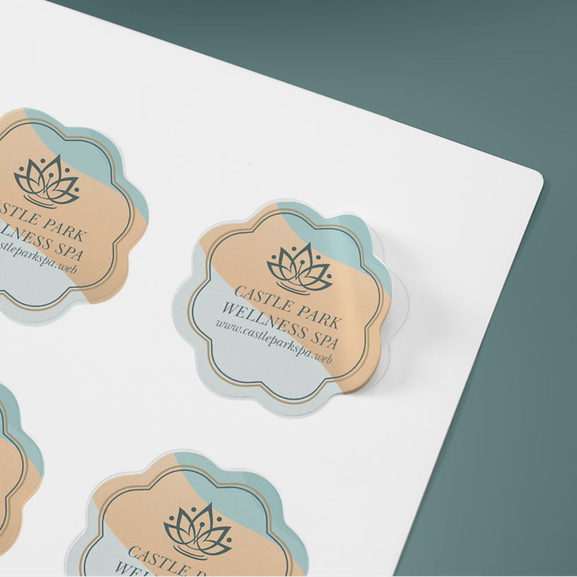 A die-cut sticker sheet from a spa, with the stickers cut to a floral shape.