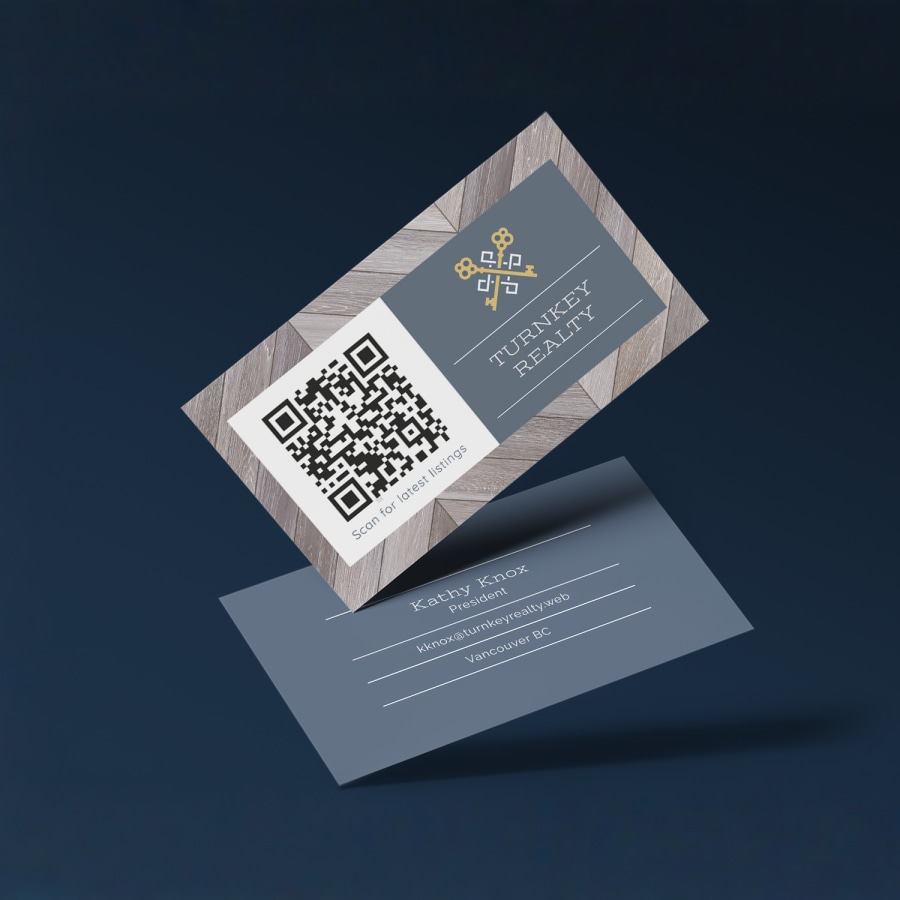 QR code business card for real estate showing front and back