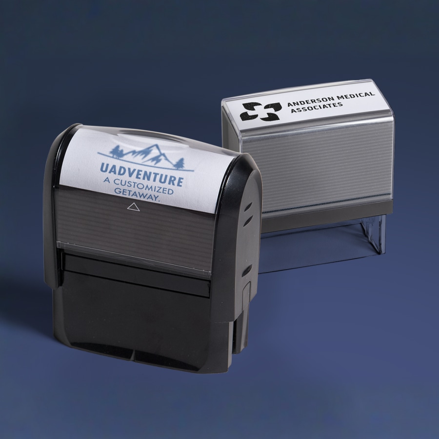 2 rectangular stamps from different companies, one with blue ink and one with black.