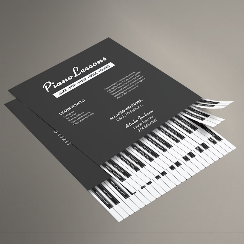 A custom perforated flyer is designed so the perforated tabs resemble piano keys.