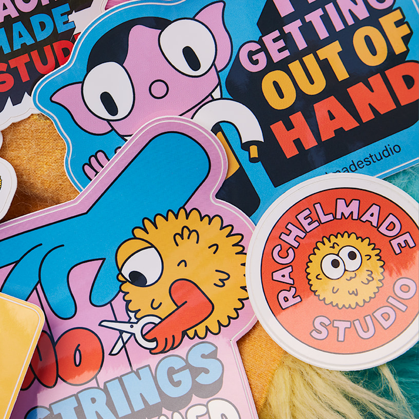 Colorful die-cut sticker singles for a small business for puppets. 