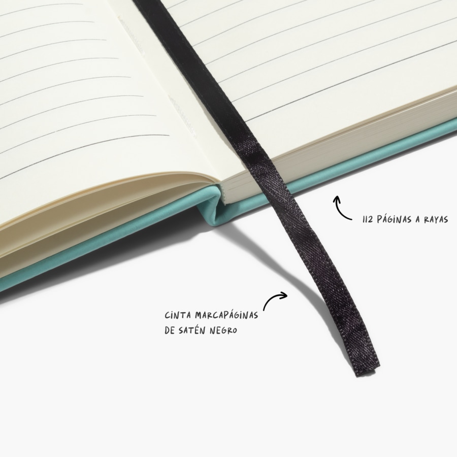 A close up shot that highlights the lined paper, and ribbon page marker.