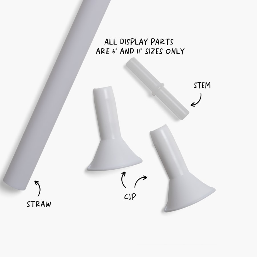 Assorted accessories for photo balloons, featuring a straw, cup and stem, with notes specifying which size balloons fit each accessory. 
