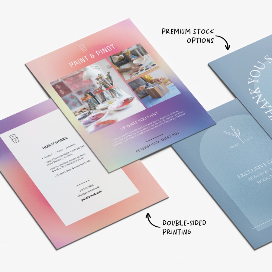 The front and back sides of 2 different packaging insert cards, with notes pointing out the double-sided printing and premium stock options available.