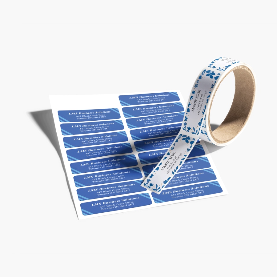 A roll of return address labels and a sheet of ret urn address labels.