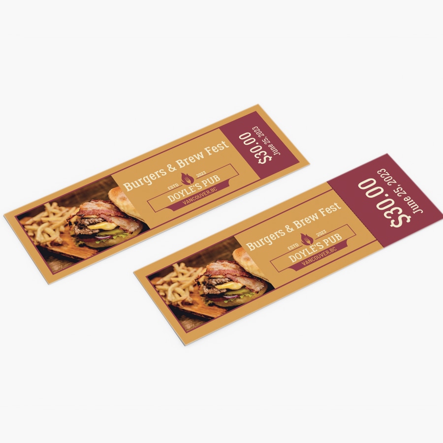 A perforated and an unperforated ticket for a pub’s burgers & brew fest.