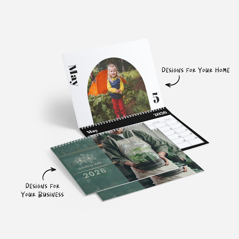 Two custom wall calendars. One features a photo of a little girl camping and the other features the logo and name of a plant shop. Notes say there are  calendars designs for your home and your business. 