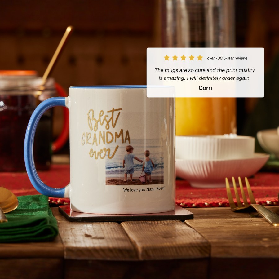 A photo mug gift for a grandma, and a customer review: “The mugs are so cute and the print quality is amazing. I will definitely order again.”