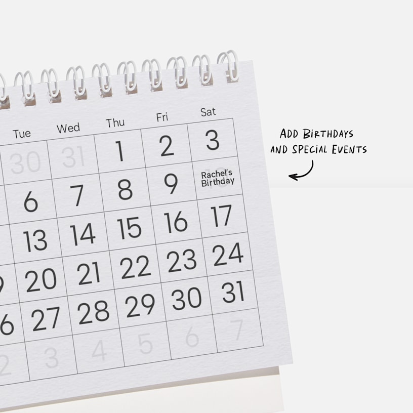A calendar grid, with a note that you can add birthdays and special events to your custom calendar. 