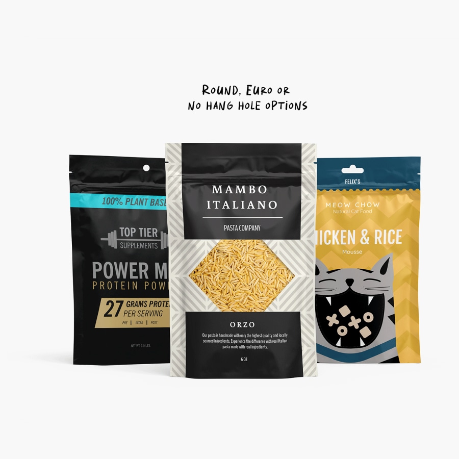 An image of protein powder, orzo pasta and cat food in stand-up pouches.