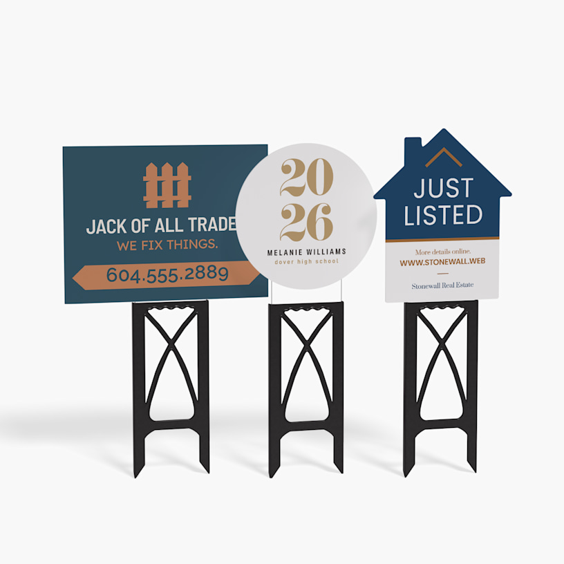 3 different shaped yard signs on black plastic stands.