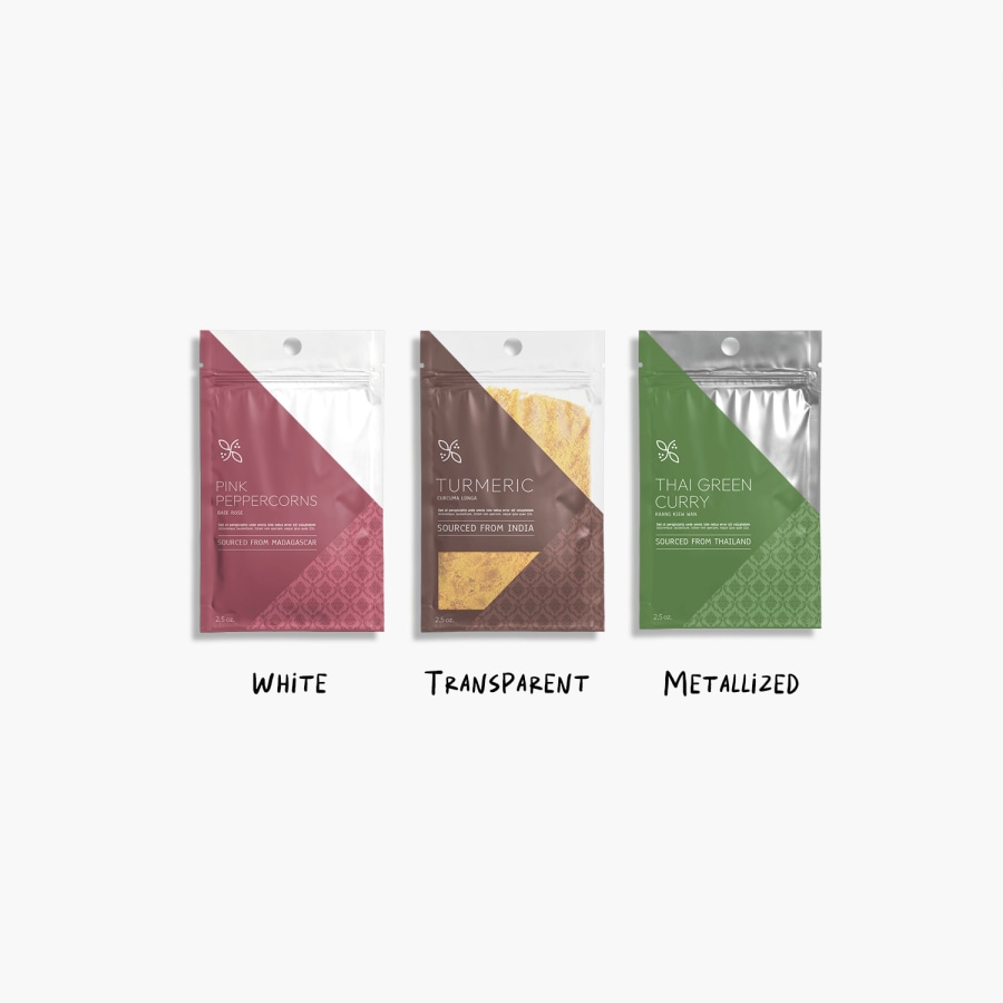 3 flat pouches displaying 3 different finishes: white, clear and metalized.