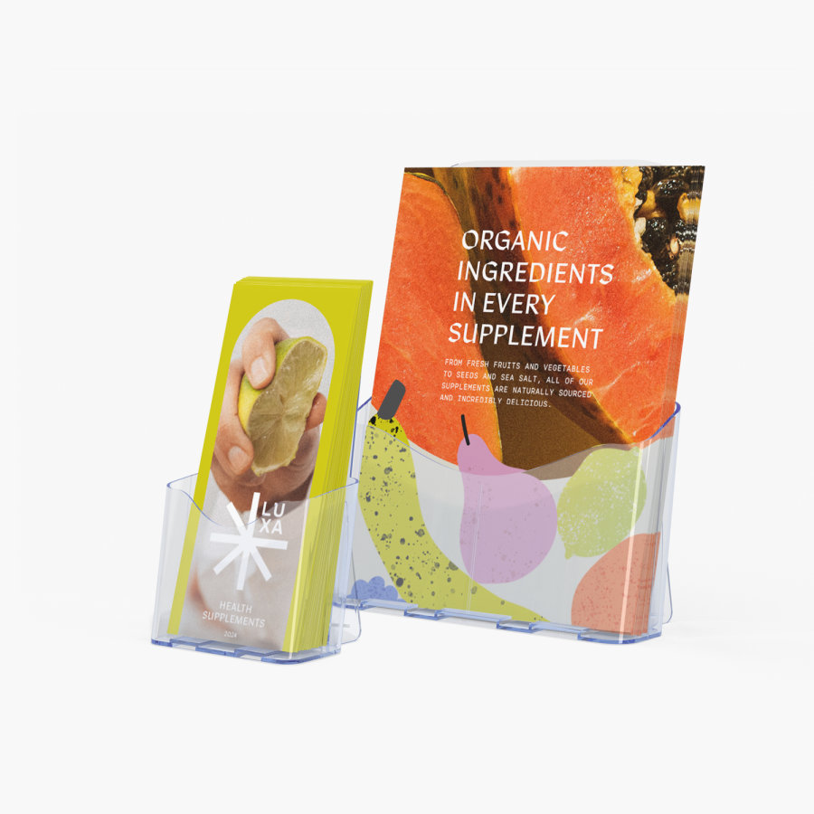 Marketing materials for a beauty and wellness brand inside brochure and flyer holders. 