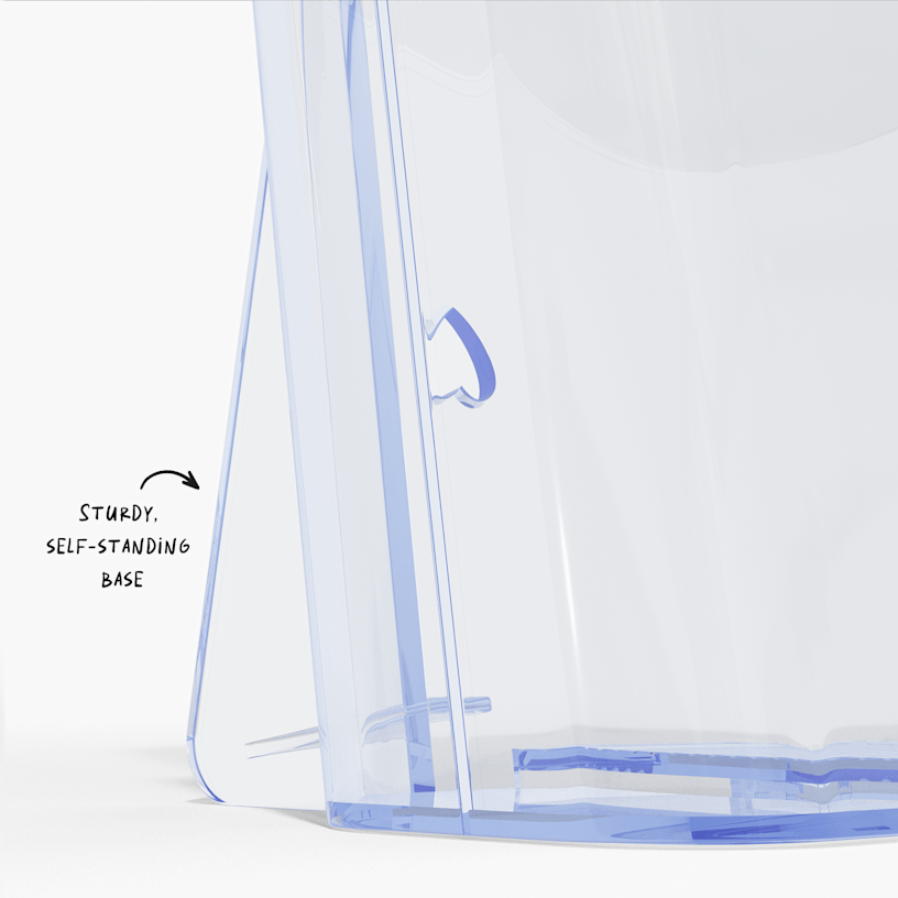 A brochure holder with a note that it features a sturdy, self-standing base. 