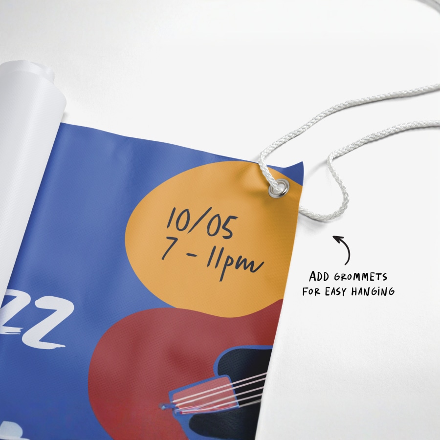 A hanging banner with grommets and rope, and the callout “Add grommets for easy hanging.