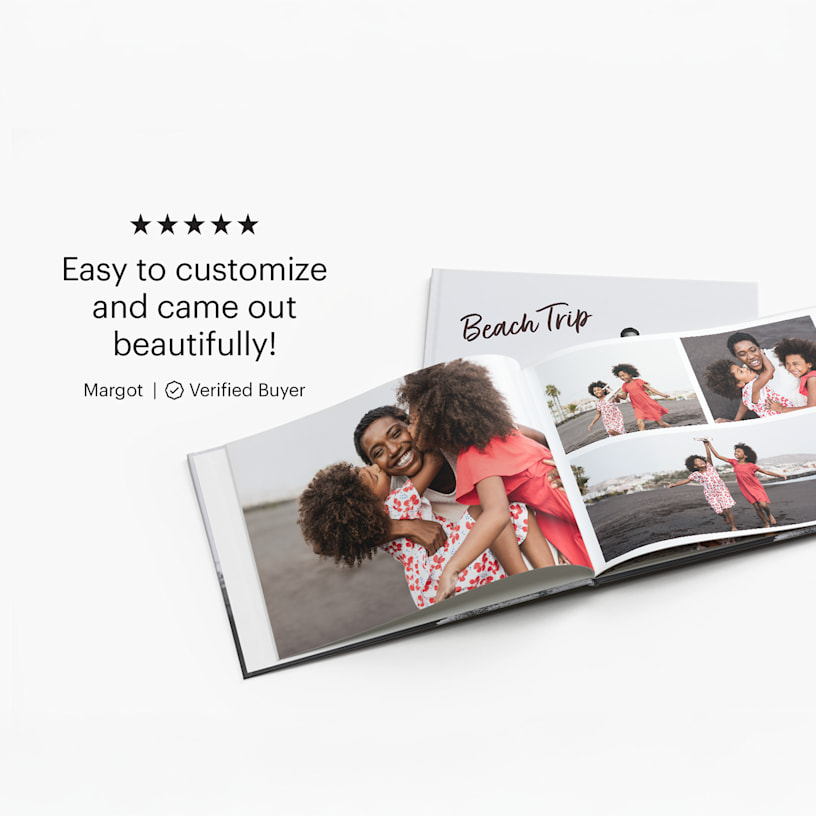 A photo book open to pictures of a mother and her two young children on the beach, and a customer review: “Easy to customize and came out beautifully!” 