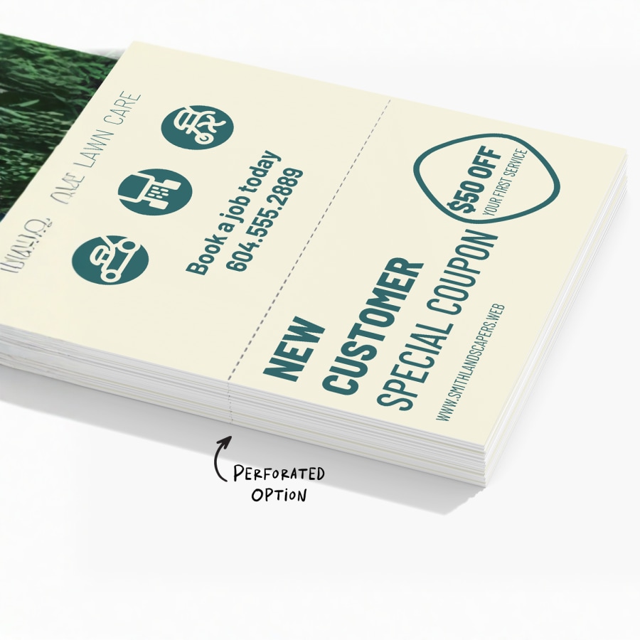 A stack of perforated door hangers featuring coupons for lawn services, with a note that it is the perforated option. 