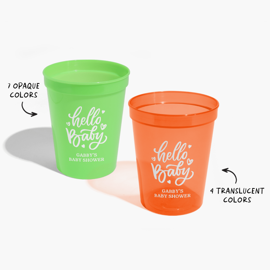 Stadium cups personalized for a baby shower, with a note that there are 7 opaque colors and 4 translucent colors available.