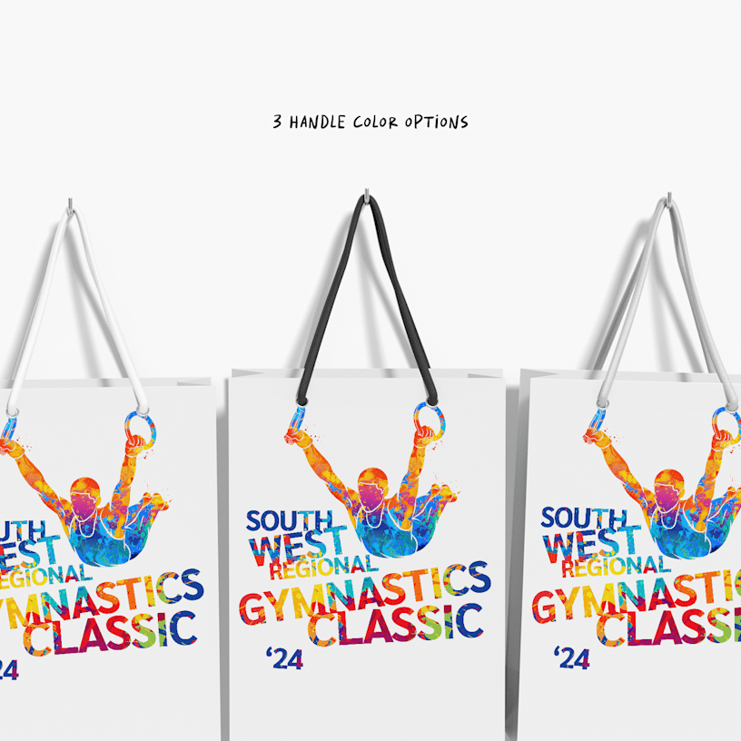 3 branded bags showing off the handle colour options of white, black and silver.