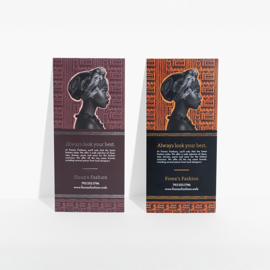 A silver embossed foil rack card and a gold embossed foil rack card for a retail store.