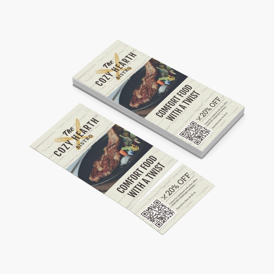 Two rip cards for a restaurant with detachable coupons for $20 off. 