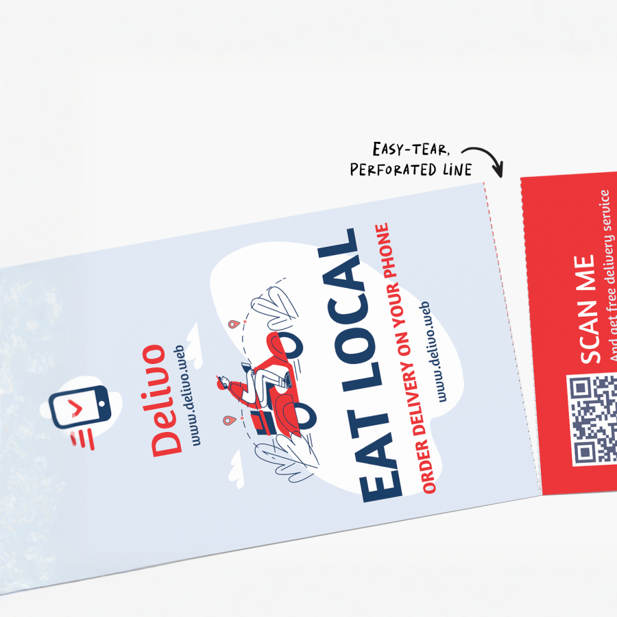 A rip card for a food delivery service with a detachable QR code tab. It has a note that the rip card features an easy-tear, perforated line.