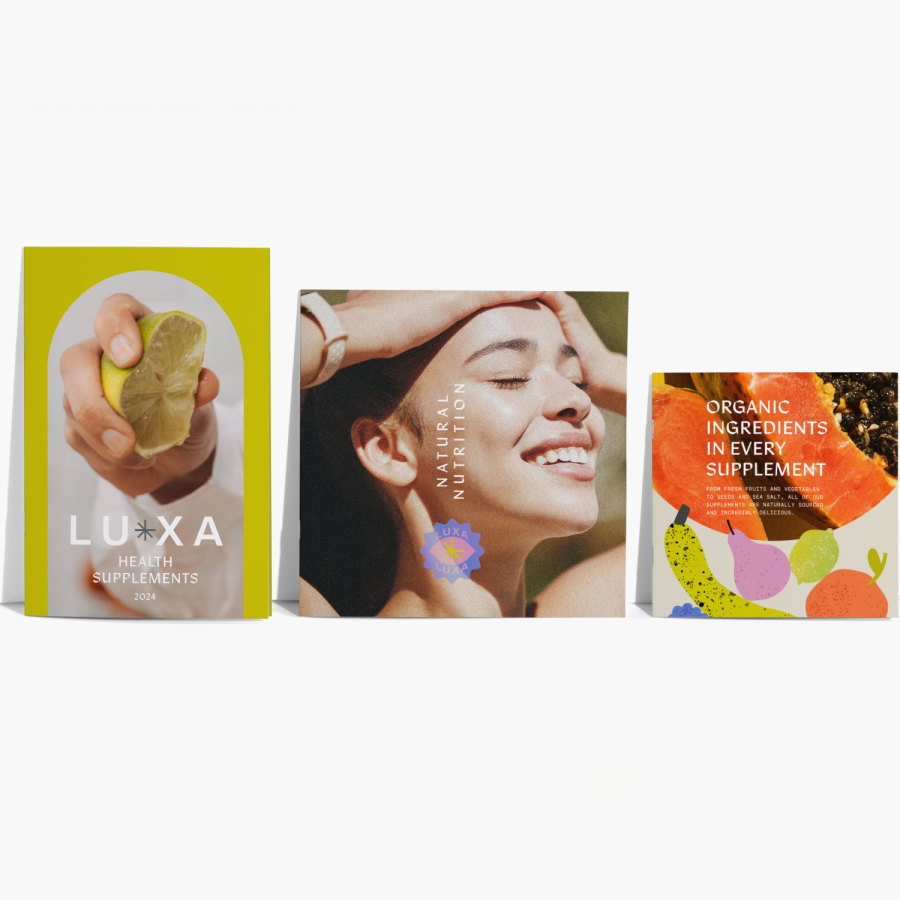 Three saddle-stitch booklets of different sizes for an organic health supplements business. 