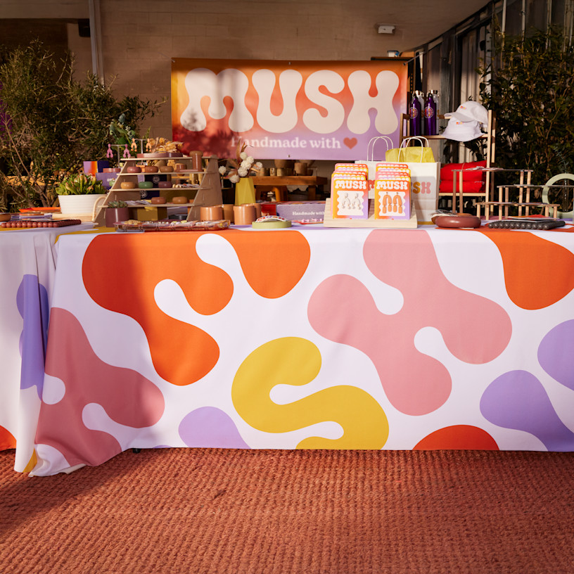 printed tablecloth with logo and contact info