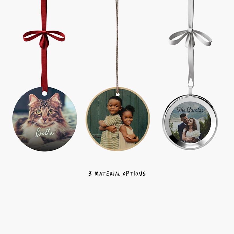 3 circular Christmas ornaments printed with various photos, with a note that there are 3 material options. 