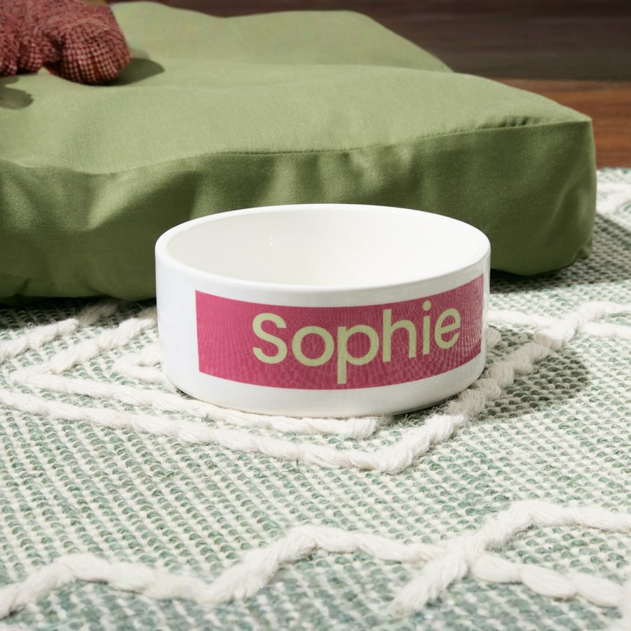 A pet bowl customized with the name “Sophie”. 