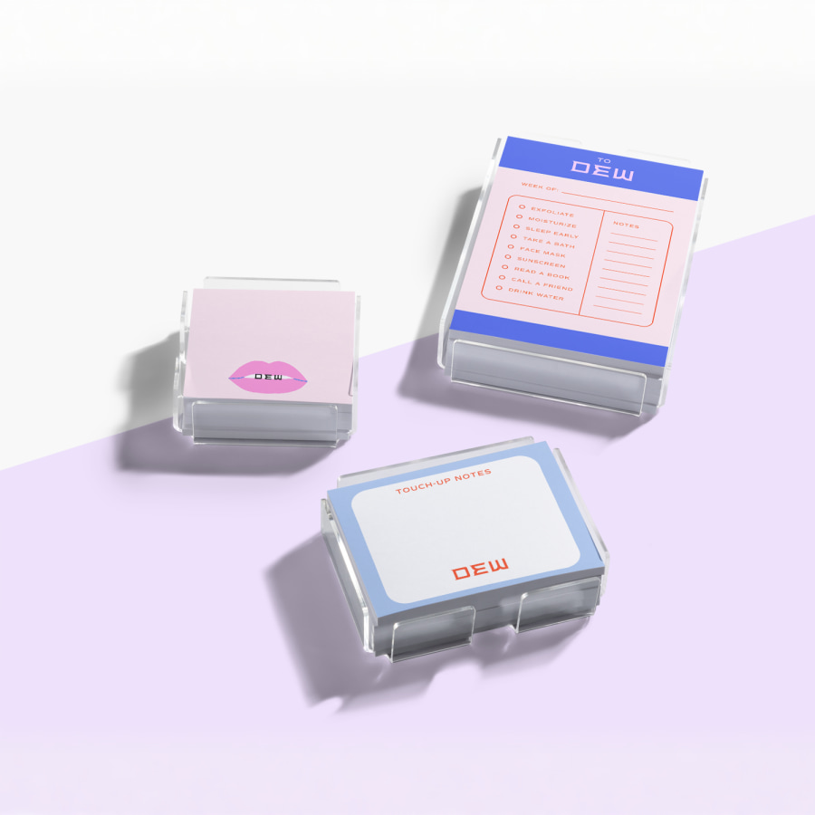 3 different sizes of acrylic Post-it® holders, filled with custom Post-it® Notes for a beauty company.