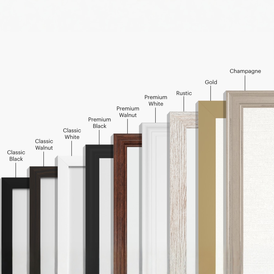  A collection of 9 frames  stacked on top of eachother, with their respective style names listed above. 