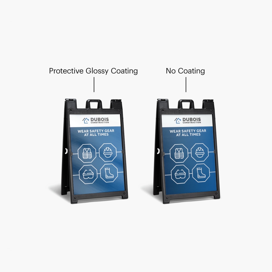 2 black Signicade® signs showcasing our protective glossy coating and no coating.