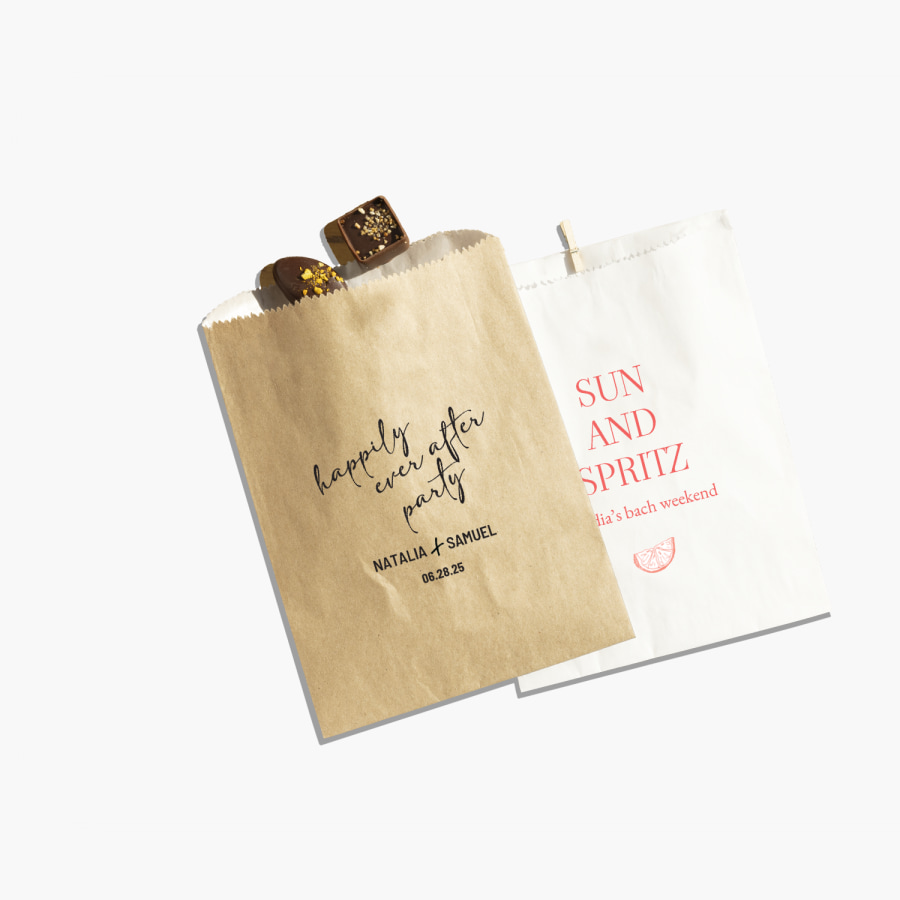 Two custom favour bags in kraft and white, one personalized for a wedding and the other for a bachelorette party.