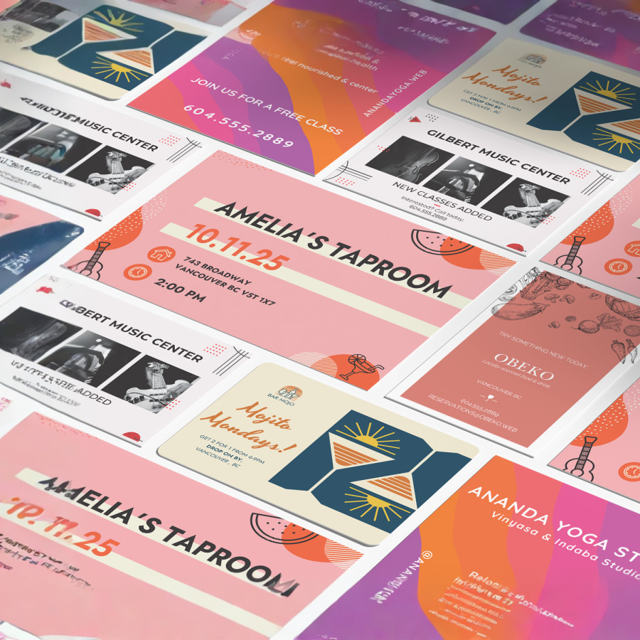 A collage of different traditional postcards, advertising a variety of businesses.