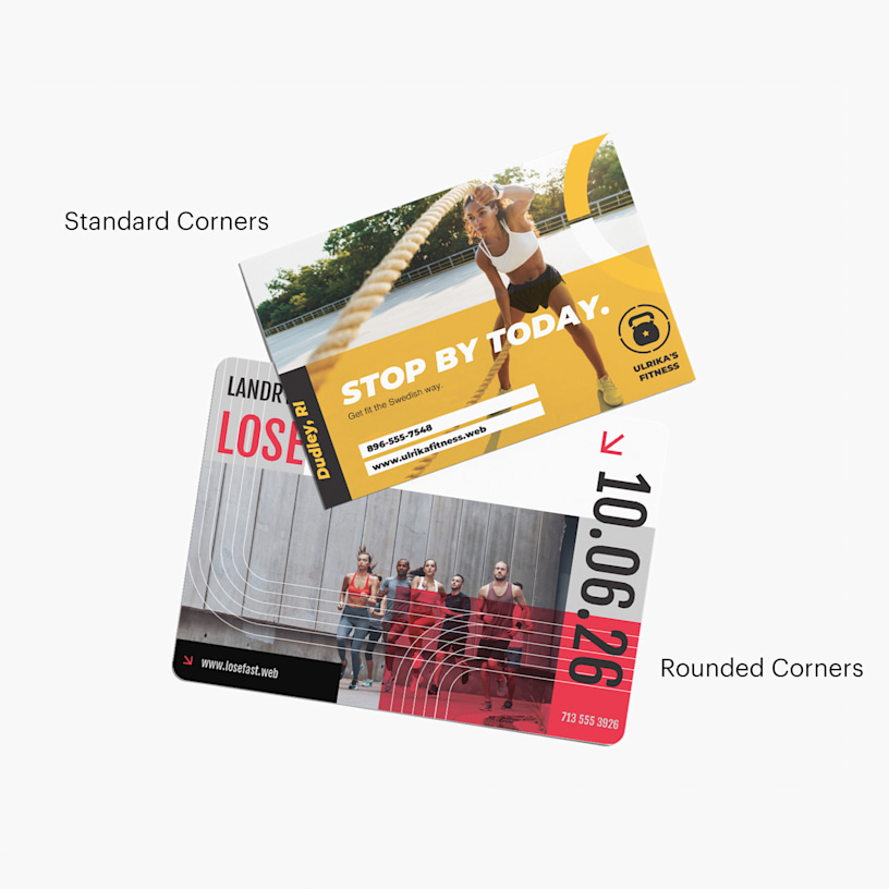 2 postcards for a fitness facility, 1 with rounded corners and 1 with standard corners.