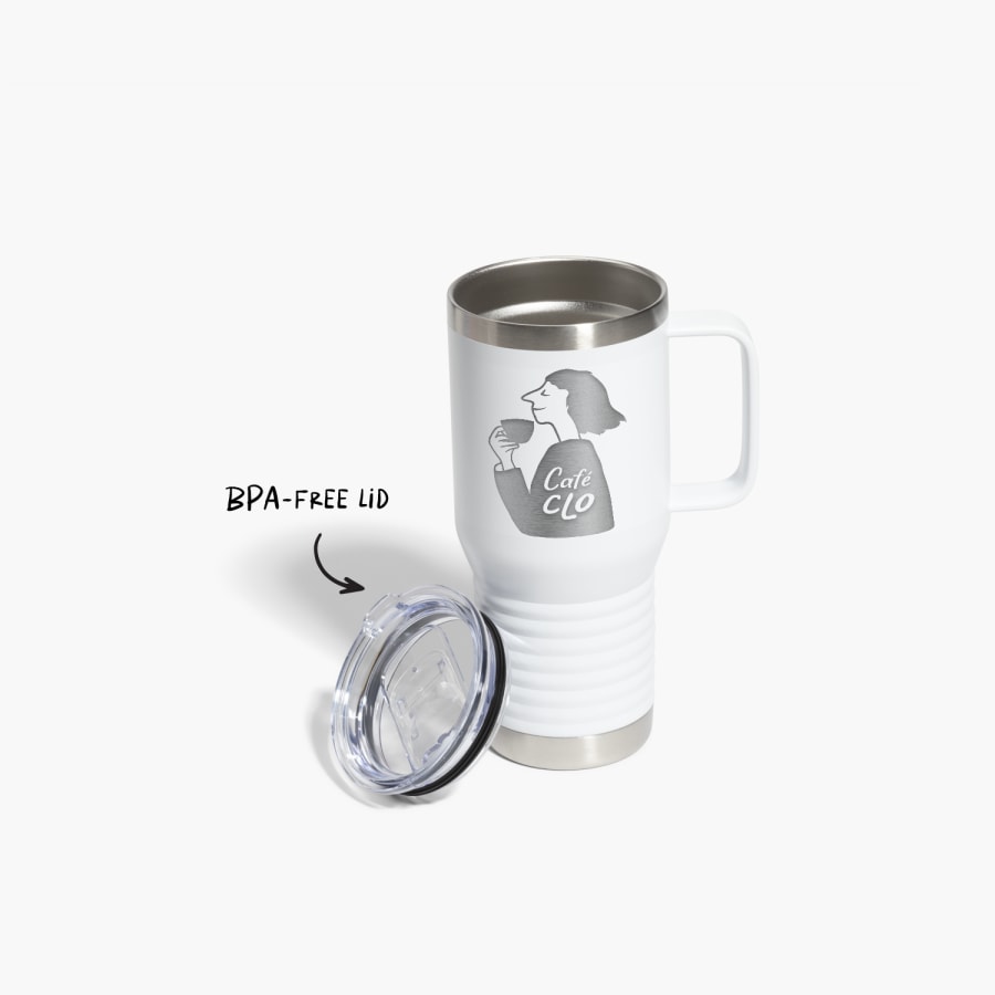 A white travel mug customized with the name and logo of a cafe, with a note that its lid is BPA-free. 