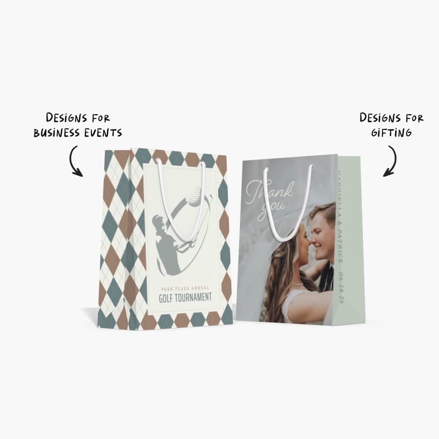 Two full-color printed paper bags with brand name printed on the front.