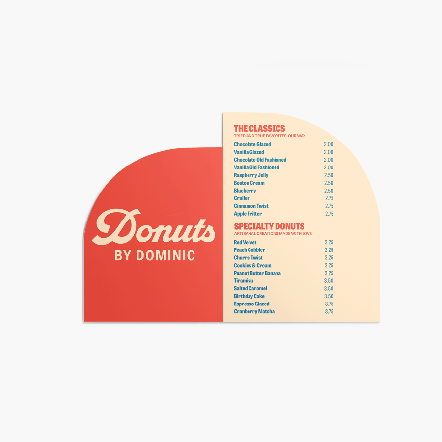 Custom-shaped foam board displaying a menu.