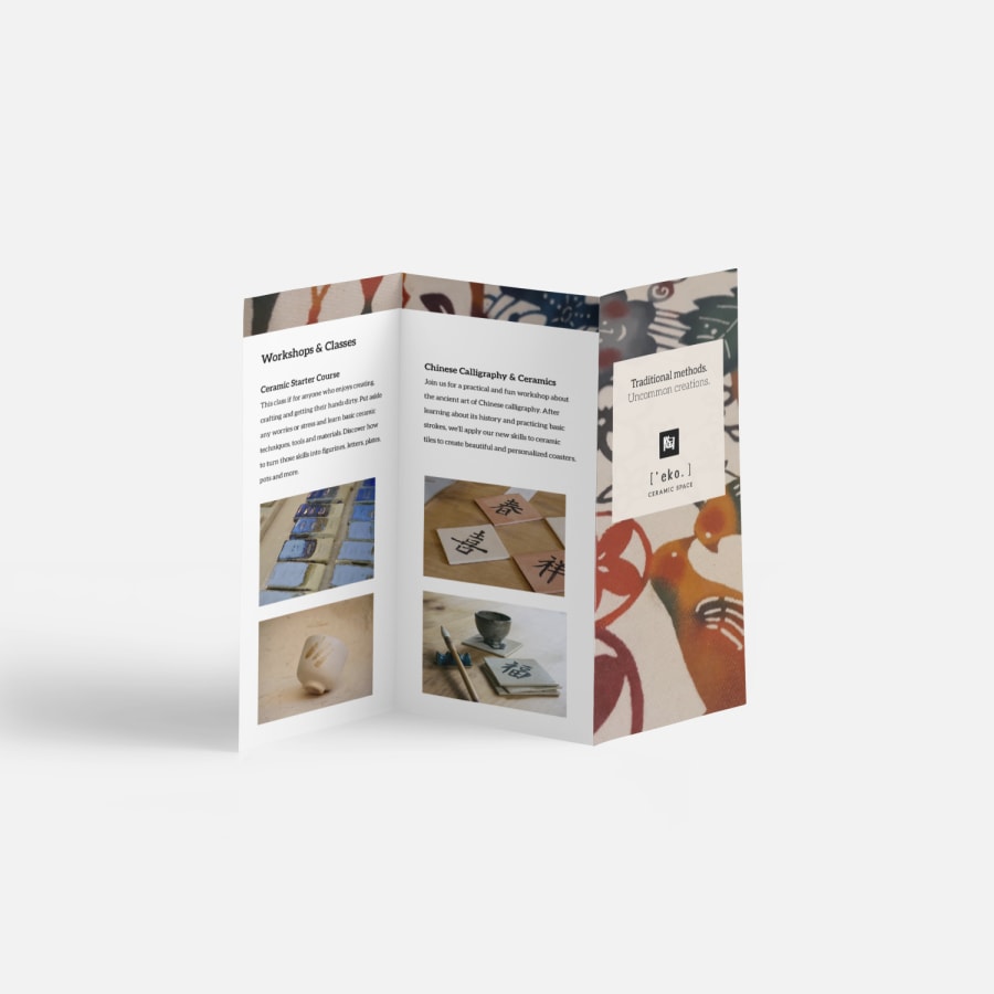 An open Z-fold brochure for an arts and crafts workshop