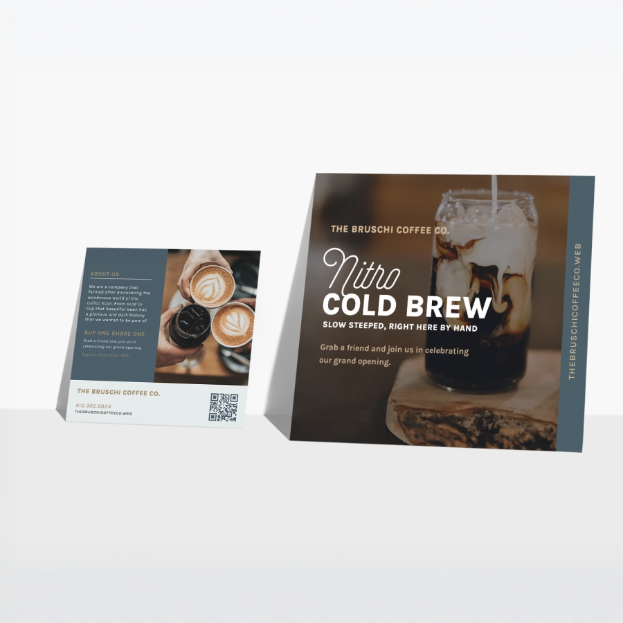 Two different sizes of square-shaped postcards for a local café.