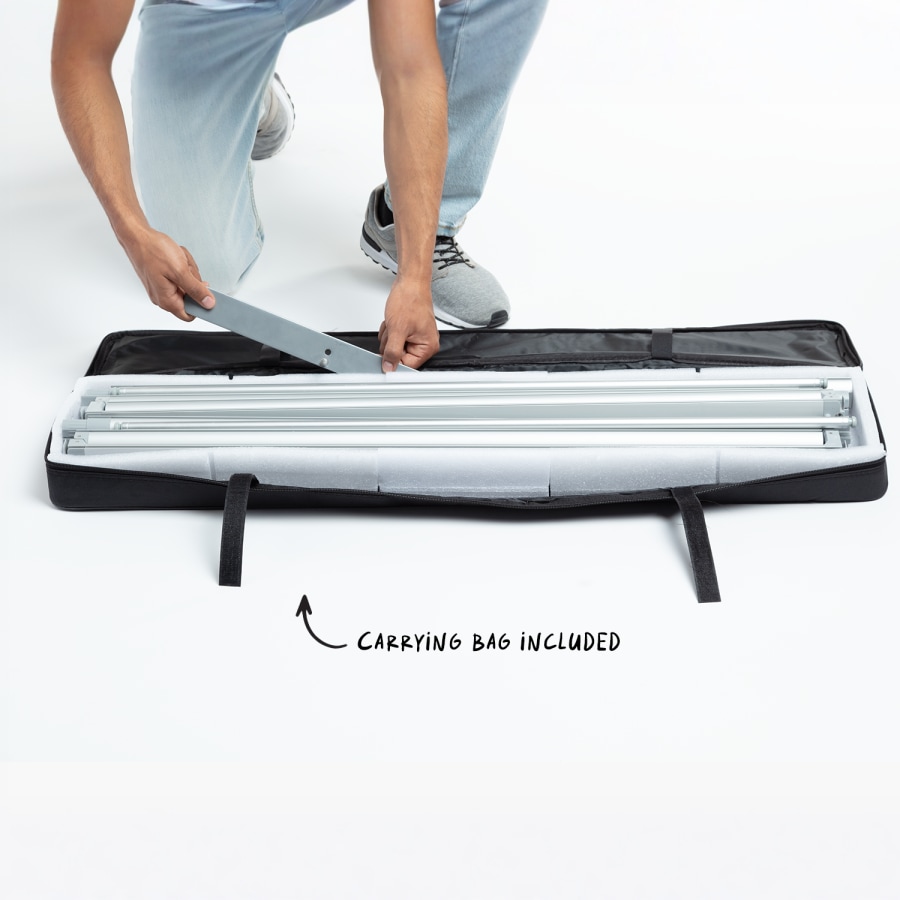 The all-in-one carrying case showing all the items packed inside. 