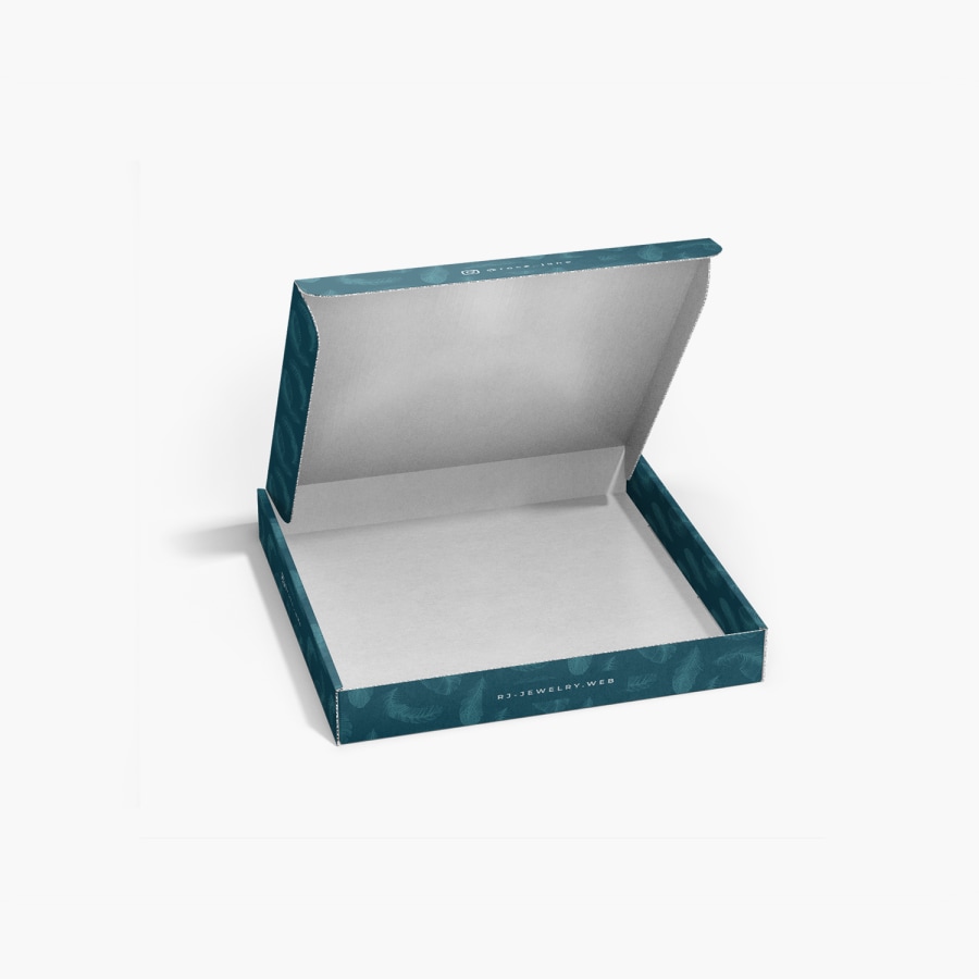 An open blue square mailer box with an all- white inside.