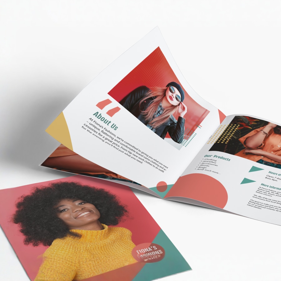 A self-cover booklet for a beauty and fashion company, opened to a page with multiple photos.