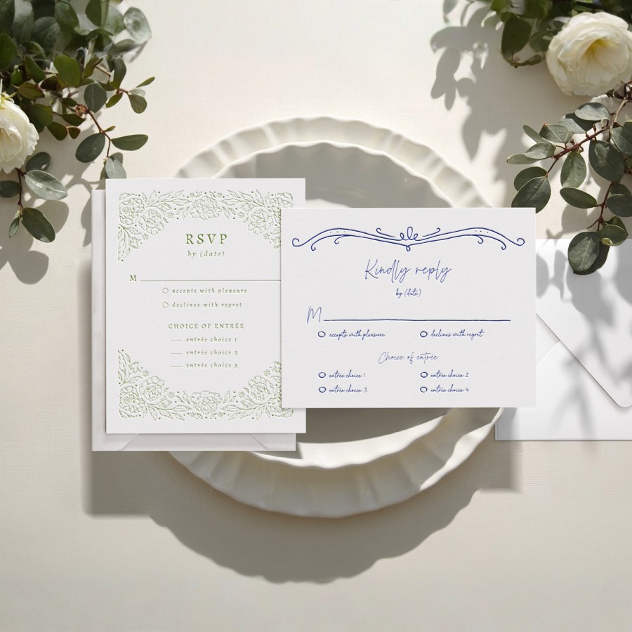 One vertical letterpress RSVP and one horizontal letterpress RSVP with various decorative details. 