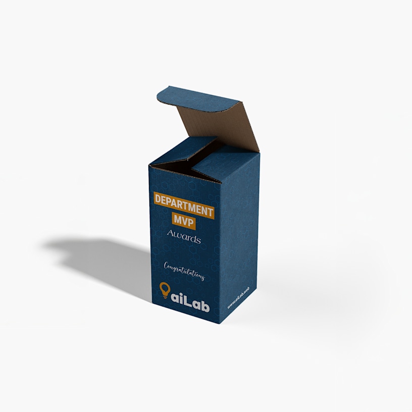 A blue tuck top mailer box for a department mvp award.