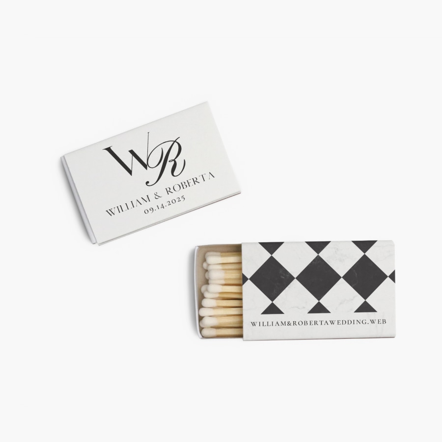 The front and back view of a custom wedding matchbox. 