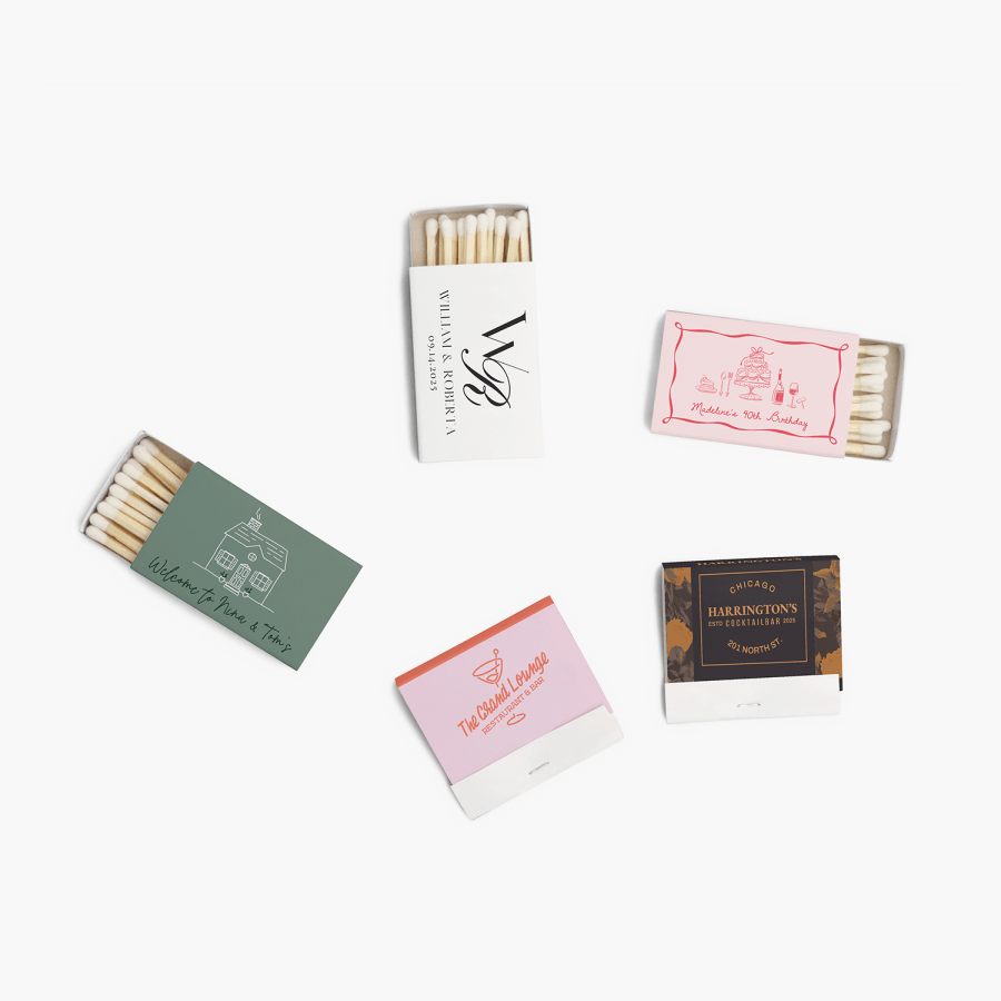 Various matchboxes and matchbooks customized for different events and businesses. 