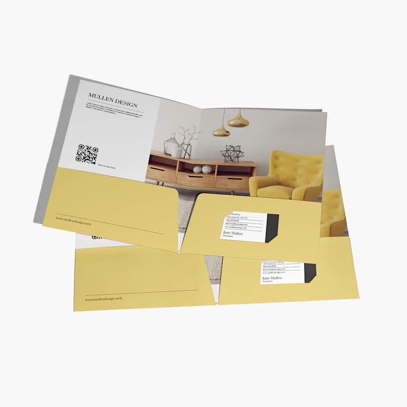 Presentation folders for an interior design company, featuring a photo that stretches across the entire interior.